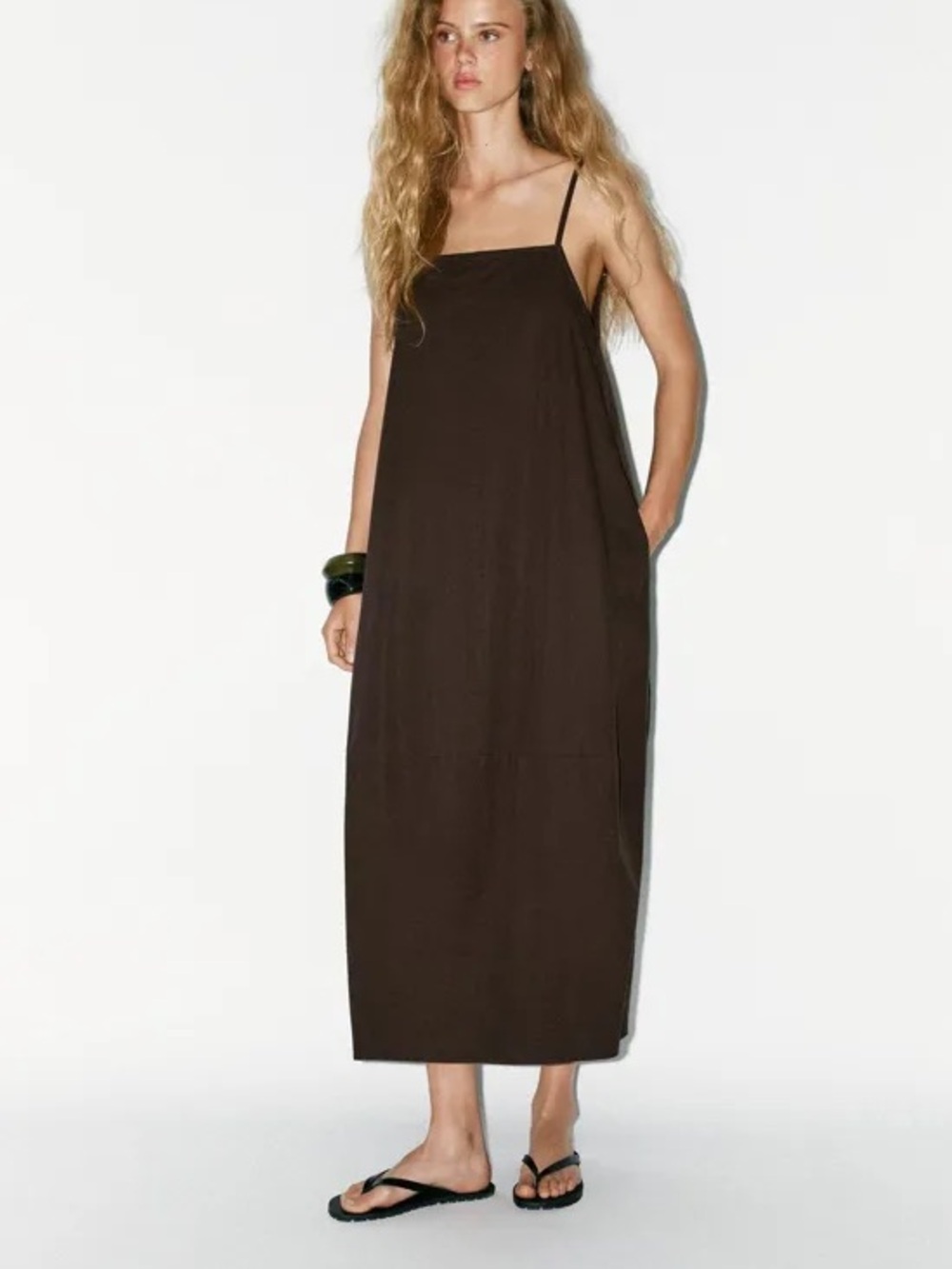 Zara Voluminous Bubble Strappy Midi Dress Camel Square Neckline XL - Picture 3 of 16